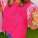 Strawberry Pink Floral Embroidered Pleated O Neck Plus Size Blouse