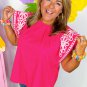 Strawberry Pink Floral Embroidered Pleated O Neck Plus Size Blouse