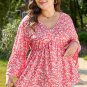 Red Plus Size Floral V Neck Flared Bracelet Sleeve Blouse