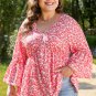 Red Plus Size Floral V Neck Flared Bracelet Sleeve Blouse