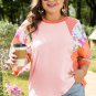 Orange Plus Size Floral Print Patchwork Raglan Half Sleeve Top