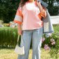 Orange Plus Size Floral Print Patchwork Raglan Half Sleeve Top