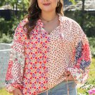 Orange Floral Geometric Patchwork Lace Up Crewneck Plus Size Blouse