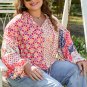 Orange Floral Geometric Patchwork Lace Up Crewneck Plus Size Blouse