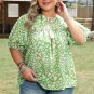 Green Plus Size Floral Tassel Tie Split Neck Puff Sleeve Blouse