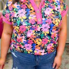 Rose Floral Short Sleeve Contrast Edge Plus Size Henley Top