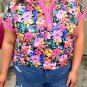 Rose Floral Short Sleeve Contrast Edge Plus Size Henley Top