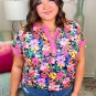 Rose Floral Short Sleeve Contrast Edge Plus Size Henley Top