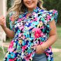 Blue Floral Flutter Sleeve Tied Notched Neck Plus Size Blouse
