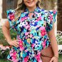 Blue Floral Flutter Sleeve Tied Notched Neck Plus Size Blouse