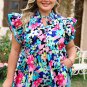Blue Floral Flutter Sleeve Tied Notched Neck Plus Size Blouse
