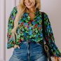 Green Plus Size Floral Bubble Sleeve V Neck Blouse