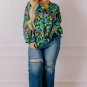 Green Plus Size Floral Bubble Sleeve V Neck Blouse