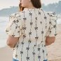 Apricot Bow Ruffled Bubble Sleeve Lace Up Notched Neck Plus Size Blouse