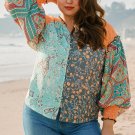 Green Floral Patchwork Lantern Sleeve Buttoned V Neck Plus Size Blouse