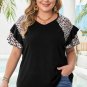 Black Leopard Ruffle Patchwork Sleeve Plus Size Summer Top
