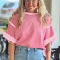 Peach Blossom Two Tones Patchwork Half Sleeve Plus Size T Shirt