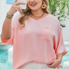 Pink Textured Half Sleeve V Neck Plus Size T Shirt with Chest Pocket