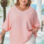 Pink Textured Half Sleeve V Neck Plus Size T Shirt with Chest Pocket