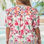 Pink Plus Size Floral Print Striped Trim V Neck Blouse