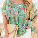 Green Tropical Boho Print Puff Sleeve Square Neck Loose Plus Blouse