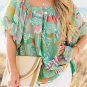 Green Tropical Boho Print Puff Sleeve Square Neck Loose Plus Blouse