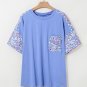 Sky Blue Floral Patchwork Chest Pocket Crewneck Plus Size T Shirt