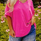 Bright Pink Seamed Back High Low Hem V Neck Cuffed Sleeve Plus Size Tee