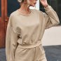 Khaki Piping Trim Long Sleeve Terry Shorts Set