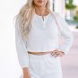 White Waffle Knit Buttoned Long Sleeve Crop and Shorts Lounge Set