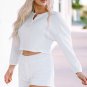 White Waffle Knit Buttoned Long Sleeve Crop and Shorts Lounge Set