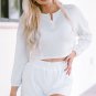 White Waffle Knit Buttoned Long Sleeve Crop and Shorts Lounge Set