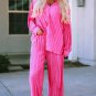 Rose Pleated Long Sleeve Shirt and Wide-Leg Pants Set