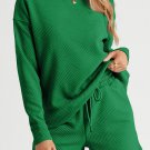 Green Textured Long Sleeve Top and Drawstring Shorts Set