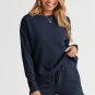 Navy Blue Textured Long Sleeve Top and Drawstring Shorts Set