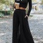 Black Solid Color Ribbed Crop Top Long Pants Set