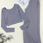 Gray Solid Color Ribbed Crop Top Long Pants Set