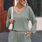 Grass Green Corded V Neck Slouchy Top Pocketed Shorts Set