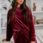 Fiery Red Solid Velvet Two Piece Lounge Set