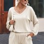 Beige Corded V Neck Slouchy Top Pocketed Shorts Set