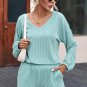 Mist Blue Corded V Neck Slouchy Top Pocketed Shorts Set