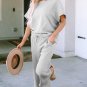 Gray Textured Loose Fit T Shirt and Drawstring Pants Set