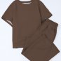 Brown Textured Loose Fit T Shirt and Drawstring Pants Set