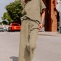Pale Khaki Textured Loose Fit T Shirt and Drawstring Pants Set