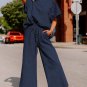 Navy Blue Textured Loose Fit T Shirt and Drawstring Pants Set