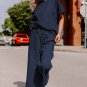Navy Blue Textured Loose Fit T Shirt and Drawstring Pants Set