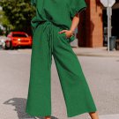 Dark Green Textured Loose Fit T Shirt and Drawstring Pants Set