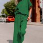 Dark Green Textured Loose Fit T Shirt and Drawstring Pants Set