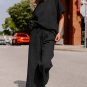 Black Textured Loose Fit T Shirt and Drawstring Pants Set