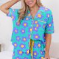 Green Flower Print Short Sleeve Shirt Pajamas Set